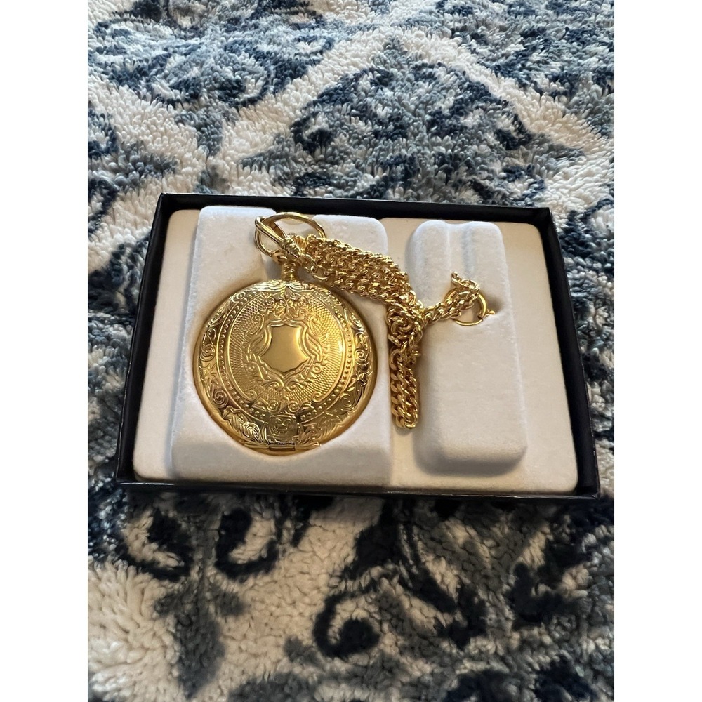 Colibri London Quartz Pocket Watch Gold Tone Roman Numerals Day Date Vtg W Box